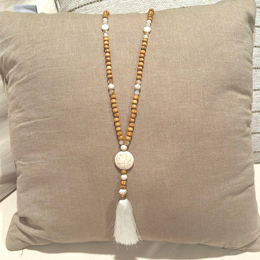Beautiful Long Boho Chic wood and stone Necklace!